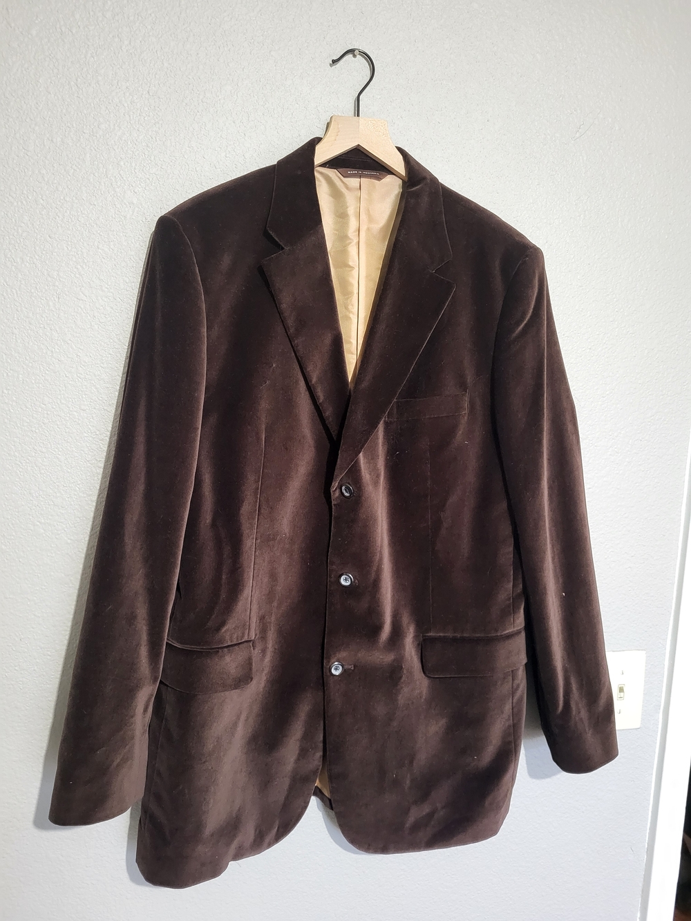 Merona Mens Velvet Blazer Dark Brown Three Button Fully Lined 44 Long Classic